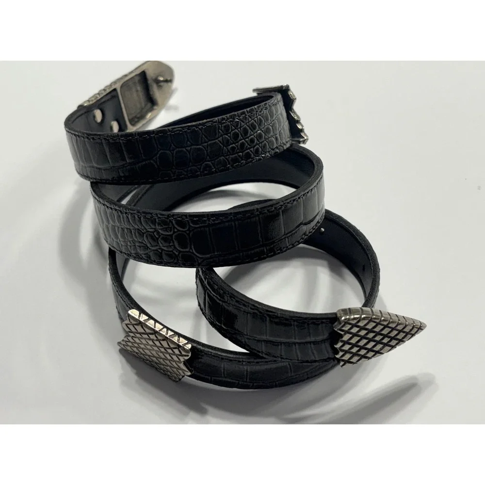 Avignon Snake Head Belt ML Black Crocodile Embossed Leather Silver Hardware